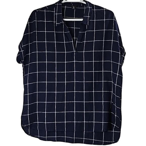 Tahari Womens Sz 1X Navy Blue  Linen Blend Fairy Plaid Linen Blend Nautical Top - Picture 1 of 12